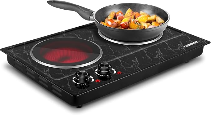 CUSIMAX Double Burner Electric Hot Plate for Cooking, 1800W, Black Marble | Portable Infrared Cooktop with Dual Temperature Control/Heat-up in Seconds/Overheating Protectio/Stainless Steel/Easy Cleanup