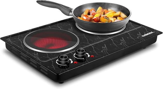 CUSIMAX Double Burner Electric Hot Plate for Cooking, 1800W, Black Marble | Portable Infrared Cooktop with Dual Temperature Control/Heat-up in Seconds/Overheating Protectio/Stainless Steel/Easy Cleanup