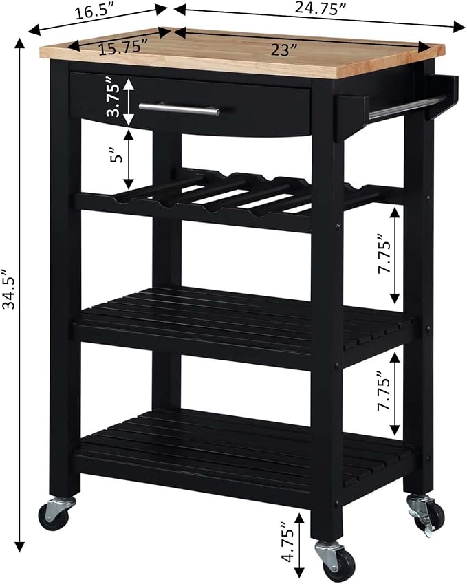 Convenience Concepts Ellaine Butcher Block Kitchen Cart 24.75" - 4 Tier Kitchen Island with Storage Drawer, Dining Room Wine Rack on Wheels, Coffee Station Table, Mobile Utility Trolley, Black