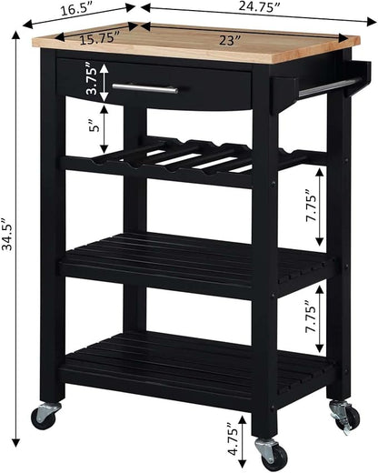 Convenience Concepts Ellaine Butcher Block Kitchen Cart 24.75" - 4 Tier Kitchen Island with Storage Drawer, Dining Room Wine Rack on Wheels, Coffee Station Table, Mobile Utility Trolley, Black