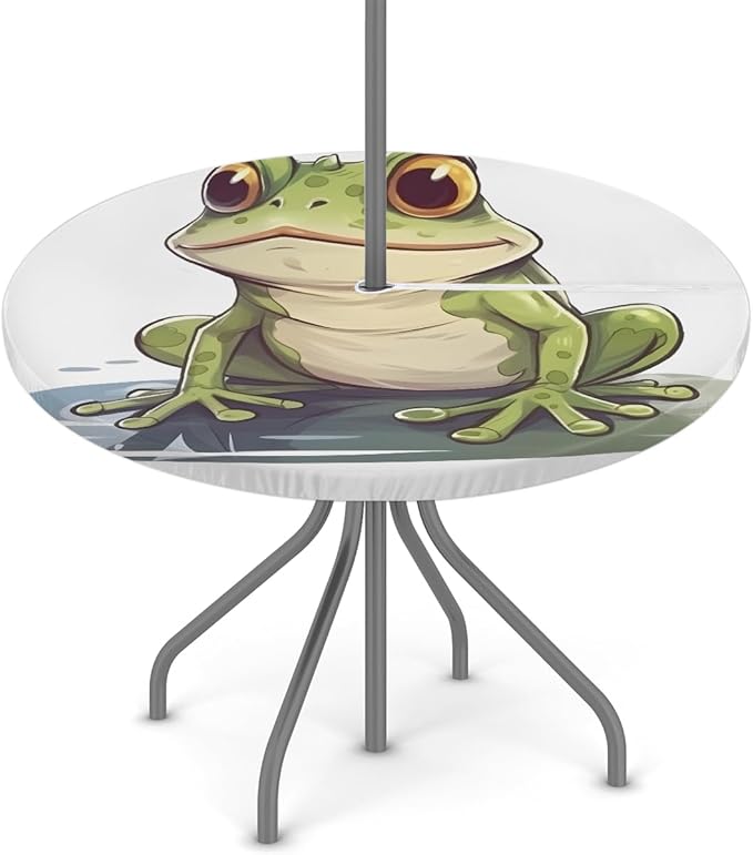 Fitted Round Tablecloth with Umbrella Hole and Zipper Frog Outdoor Elastic Table Cloth 36"-44" Oil-Proof Waterproof Green Frog Patio Table Cover for Picnic Party