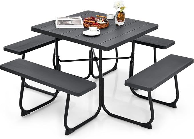Tangkula 8 Person Picnic Table, Outdoor Square Picnic Table with 4 Built-in Benches, Umbrella Hole, Metal Frame & HDPE Tabletop, Outside Table and Bench Set for Backyard, 2300lbs Weight Capacity