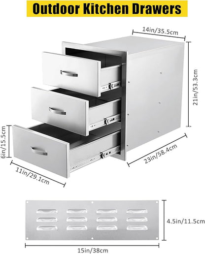 GarveeLife 14 W x 21H x 23D Inch Outdoor Kitchen Drawers Stainless Steel, Flush Mount Triple Drawers with Stainless Steel Handle, BBQ Drawers for Outdoor Kitchens or BBQ Island