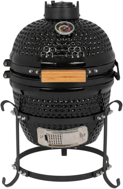 13in Round Ceramic Grill, Kamado BBQ Charcoal Grill, Portable Barbecue Grill with Thermometer for Variations on Cooking Methods, Low Stand and Side Handles, Black