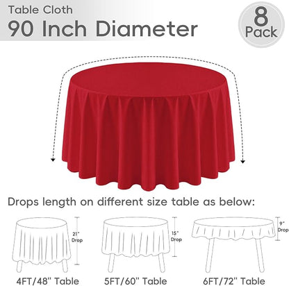 8 Pack Red Round Tablecloth 90 Inch | For 3Ft-5Ft Round Table, Wrinkle Resistant Table Cloth, Washable Polyester Fabric, For Wedding Party Banquet Buffet Camping