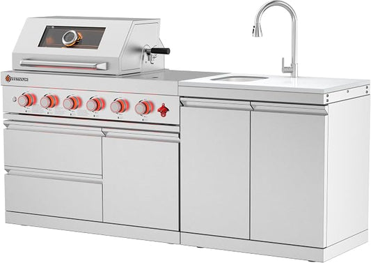 SERA C 4-Burner Natural Gas Module Outdoor Kitchen with Dual Sink | 75,300 BTU + side burner for sauces, dual-door sink with pull-out faucet, 304 ss, soft-close, locking casters, patio backyard