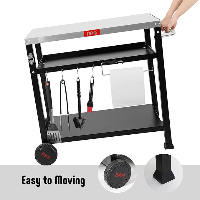 Feasto 3-Shelf Pizza Oven Table with 33.5" x 21.7" Stainless Tabletop, Outdoor Grill Cart with Tank Hook for Pizza Ovens & Griddles, Heavy-Duty Prep Station for Patio BBQ and Deck Parties, Black