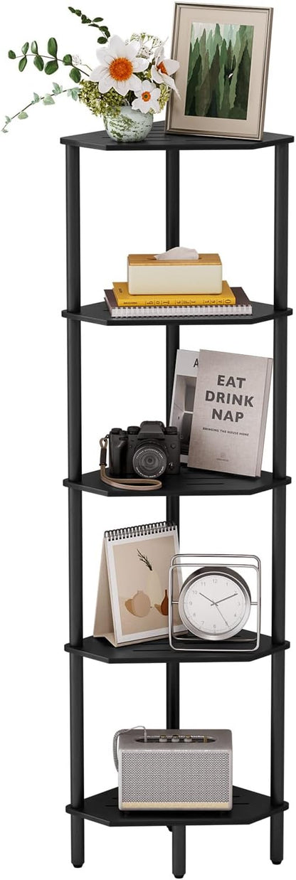 Black Corner Shelf, Industrial 5-Tier Corner Bookshelf, Plant Display Shelf, Free Standing Shelf Storage Organizer, Small Bookcase for Small Spaces, Bedroom, Living Room, Office, Kitchen