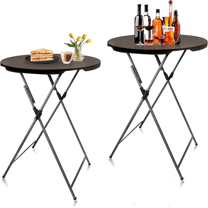 GUAGUA 32inch Folding Cocktail Tables, Bar Height, 2 Pack Brown | 32in round bar-height tables with foldable legs for parties, weddings, catering, and portable indoor or outdoor setups.