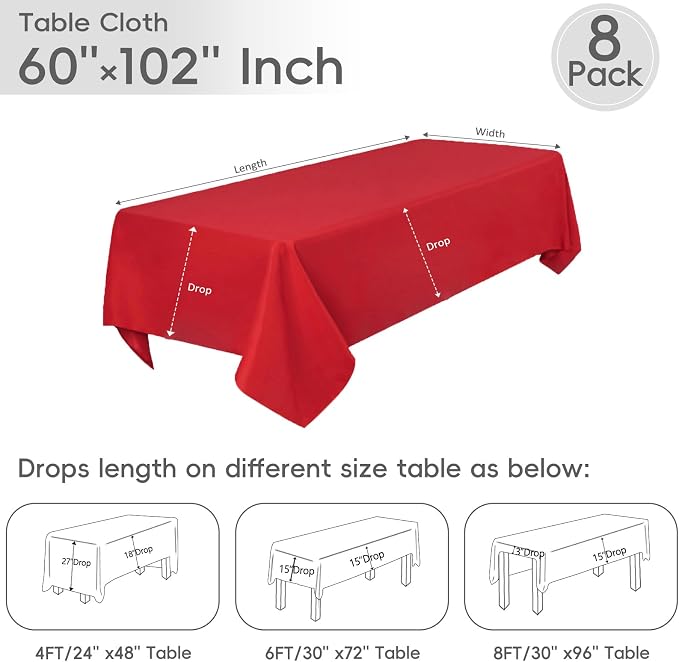 8 Pack Red Tablecloth 60 x 102 Inch Rectangle for 6 Foot Tables | Wrinkle Resistant, Washable Polyester Fabric, Rectangular Table Cloth for Wedding Party Banquet Buffet and Camping