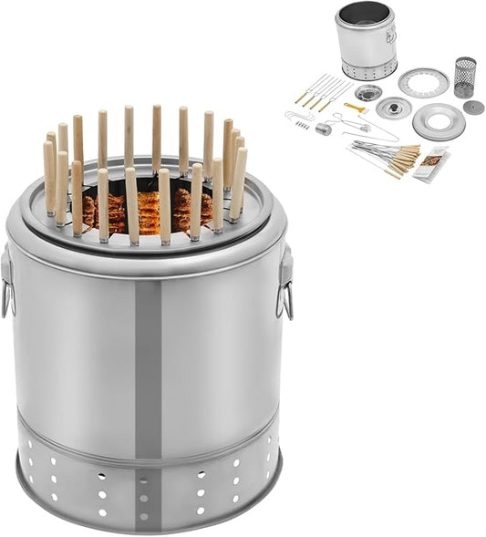 Portable Charcoal Grill, Stainless Steel BBQ Barrel Grill with Grilling Accessories Set, 360° Surround Cooking for Hanging Kebabs, Ideal for Outdoor Camping, Parties & Picnics (20 Skewers)