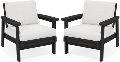 SERWALL HDPE Outdoor Couch Set of 2, All-Weather Wood-Like Patio Furniture Set, Black Outdoor Sofa Chairs with Khaki Cushions