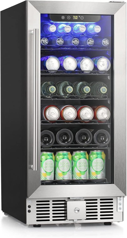 COWSAR Wine Fridge 15inch Beverage Refrigerator 2.9 Cu.Ft. Freestanding or Under Counter Cooler Stainless Steel Beer Fridge Mini ETL Approved