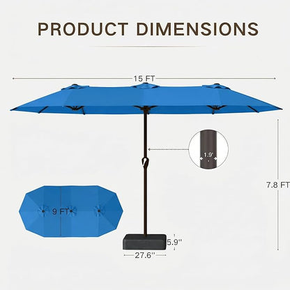 Kingdura 15ft Large Patio Umbrella with Base Included, Double-Sided Rectangle Outdoor Table Umbrella with 12 Reinforced Ribs, Crank Lift for Market Pool Deck Backyard, Royal blue