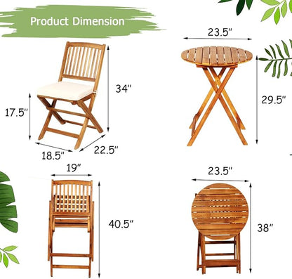 FANTASK 3 Pieces Folding Acacia Wood Bistro Set, Patio Furniture Set with Cushions & 1 Round Table, Indoor Outdoor Bistro Table and Chairs Set of 2 for Patio, Garden, Poolside, Porch, Lawn (Beige)