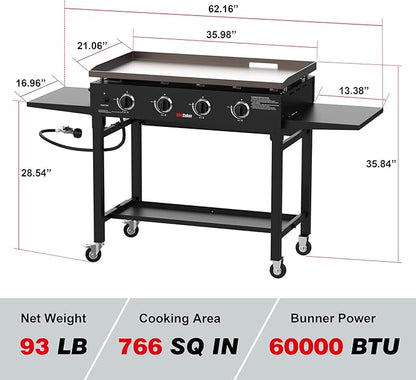BBQCuker 4-Burner Propane Gas Griddle, 60,000 BTU Flat Top Grill with Removable Side Tables, Bottom Tray and Foldable Legs, 766 sq. in. Cooking Area, Portable Outdoor Griddle for Camping, BBQ (BLACK)
