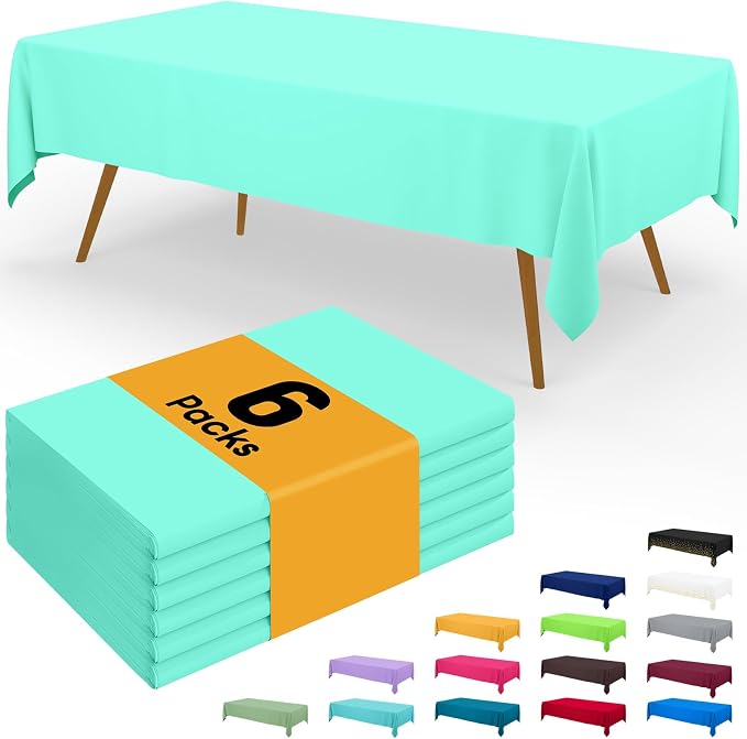 Smiry Disposable Table Cloth - 6 Pack, 54 x 108 Inch Waterproof Rectangle Tablecloths for Parties, Decorative Plastic Table Cover, Leakproof & Sturdy, Mint Green