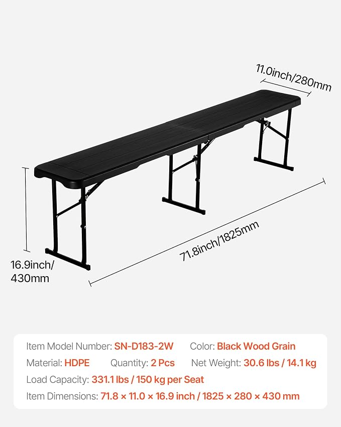 VEVOR Plastic Folding Bench, 6 ft Portable Bench for Outdoor Picnic Party Camping Dining, Foldable Smooth HDPE Seat for Garden Soccer Multipurpose Entertaining Activities, 1/2 Pack (2, Black, 6FT)