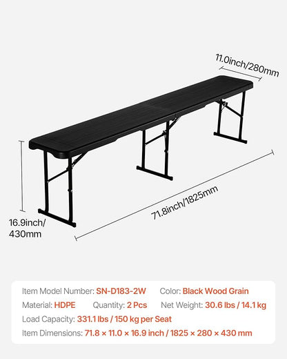 VEVOR Plastic Folding Bench, 6 ft Portable Bench for Outdoor Picnic Party Camping Dining, Foldable Smooth HDPE Seat for Garden Soccer Multipurpose Entertaining Activities, 1/2 Pack (2, Black, 6FT)