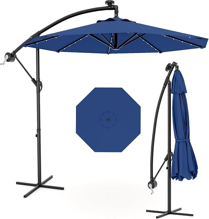 Garvee 10FT Solar Lights Offset Patio Umbrella with Cross Base, Navy Blue | Cantilever Umbrella with Easy Lift & Tilt Adjustment, 8 Ribs Sun umbrella UV Protection for Backyard, Pool, Garden