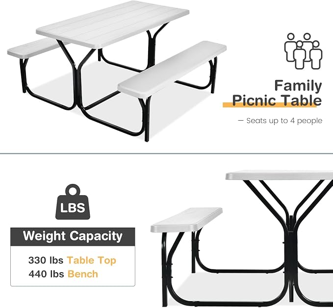 COSTWAY Outdoor Picnic Table, HDPE Plastic Picnic Table Bench Set | Weather Resistant Tabletop & Wood Texture, Ideal for Patio, Backyard (59" D x 54" W x 28.5" H,White)
