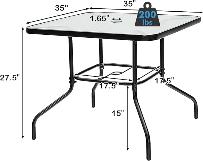 Tangkula 35" Glass Top Patio Dining Table for 4, Square Outdoor Table with Tempered Glass Tabletop, 1.65" Umbrella Hole & Metal Frame, 4-Person Outside Dining Table for Backyard, Lawn, Deck & Poolside