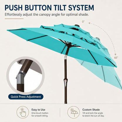 10ft Patio Umbrella, 3-Tier Vented Outdoor Table Umbrella with 8 Sturdy Fiberglass Ribs, Windproof Market Umbrella with Push Button Tilt and Crank, UV Protection for Deck, Pool, Aqua Blue