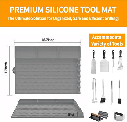Blackstone Griddle Accessories, Silicone Grill Mat for Blackstone - Non-Slip BBQ Side Shelf Organizer with Drip Tray, Large Universal Griddle Seasoning for Outdoor/Kitchen Countertop(Gray)