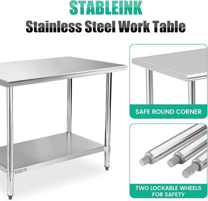 STABLEINK Stainless Steel Table with Undershelf 48x30 Inches 4ft for Prep | NSF Certified Heavy Duty Metal Work Table Workbench for Commercial Kitchen Restaurant Hotel Laundry Garage Chef Homemaker