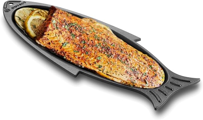 Outset Cast Iron Fish Grill and Serving Pan, 18.9 x 7.28 x 0.98 inch BBQ and Oven Safe Fish Cooking Pan