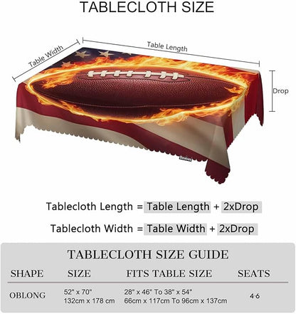 Tablecloth American Flag Football 52 X 70 Inch, Sport Fire Football USA Flag Oblong Table Cloths Anti-Shrink Decorative Table Cover for Kitchen Dinning Tabletop Outdoor Picnic BBQ