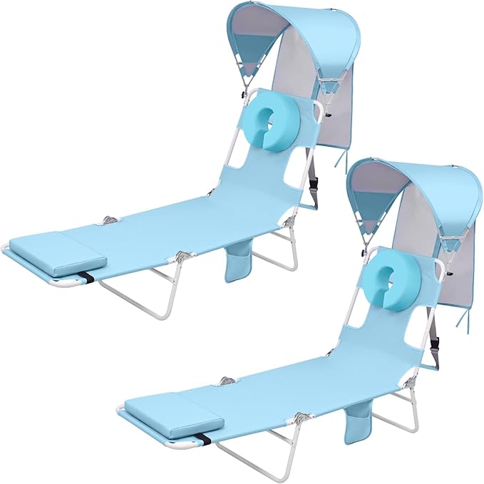 Backpack Beach Tanning Lounge Chair with Canopy Shade Face Hole Padded Adjustable Washable, 6 Position Layout Chair for Outside Sunbathing Poolside Lawn, UPF 50+ Wind-Resistant Sun Shade, 2Pack