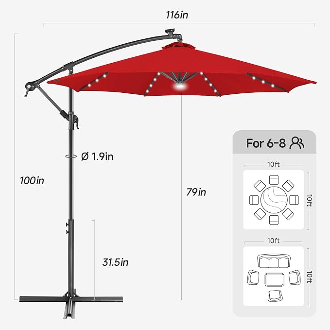 10 ft Solar Patio Umbrella Cantilever with Centre Light, Red | 40 LED Lights, UV Protection, Large Offset Patio Umbrella Outdoor for Garden, Deck, Backyard, Pool, Porch, Provides Shade