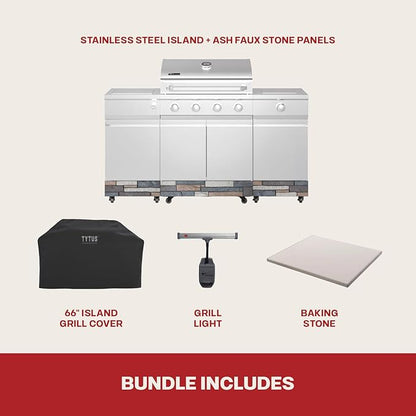 Tytus Fresno 5-Burner Propane or Natural Gas Island Grill – 864 sq. in. Cooking, 48,000 BTU Main + 12,000 BTU Side Burner, Porcelain Grates, Storage Cabinets, Semi-Portable - SS/Ash Stone Deluxe Kit
