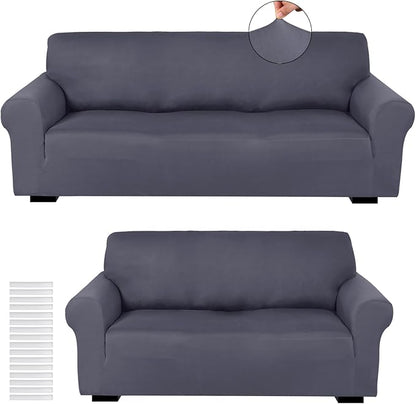 Peryiter 2 Pcs Couch and Loveseat Sofa Covers,Dark Gray,Milk Silk | Armchair Covers for Living Room, Sofa Cushion Slipcover 2/3 Seater, Furniture Protector, Polyester and Spandex, Washable
