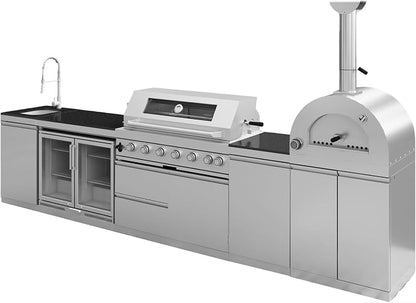 147" Outdoor Kitchen Island,Propane BBQ Grill with Pizza Oven,Rotisserie,Double Door Refrigerator,Storage Cabinets,Granite Countertop & Drawers,120,000 BTU,Stainless Steel Material.