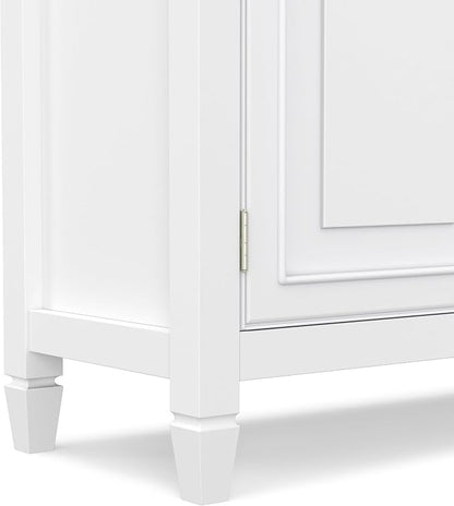 SIMPLIHOME Connaught 51" Wide Solid Wood Storage Cabinet in White | Traditional space-saving entryway or mudroom cabinet with 3 drawers and adjustable shelves for organized household storage.