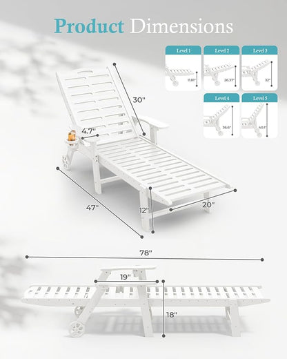 Ciokea Lounge Chair Outdoor Set of 2, 5-Position Adjustable Patio Lounge Chairs with Wheels & Cup Holder, Heavy Duty HDPE Poolside Set, Easy Rolling Chaise Lounge for Deck, Poolside, Backyard (White)