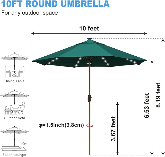 Eurmax USA 10-Year-Non-Fading 10FT Outdoor Patio Market Umbrella with LED Lights,UPF50+ UV Resistant,Heavy Duty Commercial Grade,Crank Lift Design,Windproof Vented Top for Garden,Pool,Deck,Forest Green