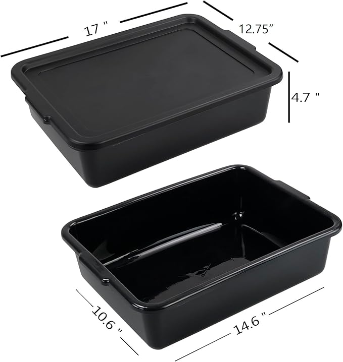 Pack of 3 Food Service Bus/Utility Tote Box with Lid, 13 L | Plastic Restaurant Dish Tub, Black Stackable Storage Bins for Restaurant Kitchen, Catering, and Cleaning Supplies