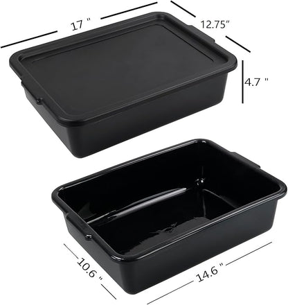 Pack of 3 Food Service Bus/Utility Tote Box with Lid, 13 L | Plastic Restaurant Dish Tub, Black Stackable Storage Bins for Restaurant Kitchen, Catering, and Cleaning Supplies