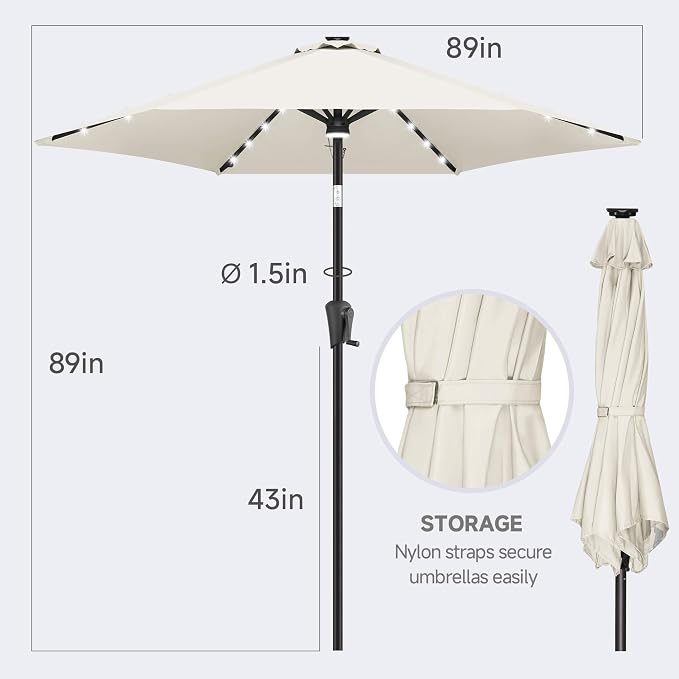 FLAME&SHADE Solar Patio Umbrella with Centre Light, 7.5 FT Ivory | UV Protection, Small Solar Outdoor Umbrella for Porch, Deck, Backyard, Garden, Provides Evening Lighting, 24 LED Lights
