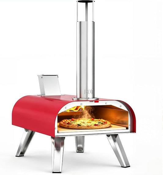 BIG HORN 12" Multi-Fuel Outdoor Pizza Oven Reach up to 1110℉– 3-in-1 Wood,Gas &Electric Compatible (Burners Sold Separately),Pellet Pizza Oven Portable Pizza Maker for Backyard, Camping&Tailgating,Red