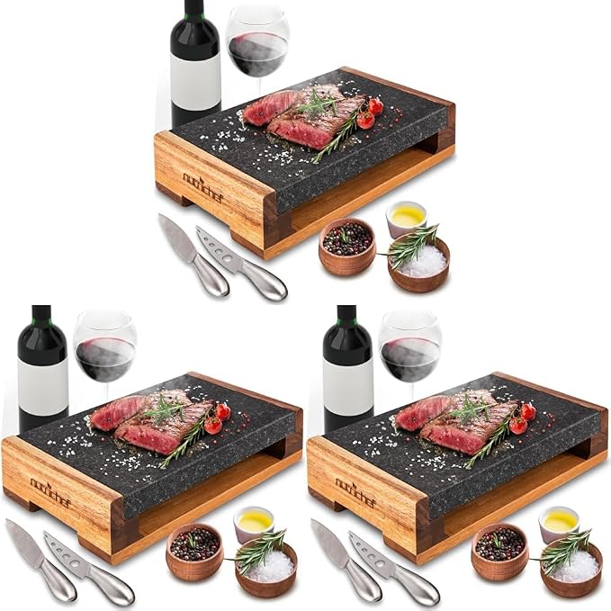Nutrichef Cooking Stone Grill Set - Hot Lava Rock Sizzling Plate for Steak BBQ & Meat Grilling with Stainless Steel Knives, Cooks and Retains Heat & Flavor, Heated Tray for Serving Food (Pack of 3)