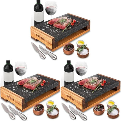 Nutrichef Cooking Stone Grill Set - Hot Lava Rock Sizzling Plate for Steak BBQ & Meat Grilling with Stainless Steel Knives, Cooks and Retains Heat & Flavor, Heated Tray for Serving Food (Pack of 3)