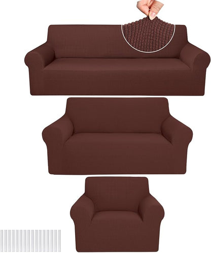 Peryiter 3 Pcs Couch and Loveseat Sofa Covers,Brown,Fleece | Armchair Covers for Living Room, Sofa Cushion Slipcover, Furniture Protector, Polyester and Spandex, Washable