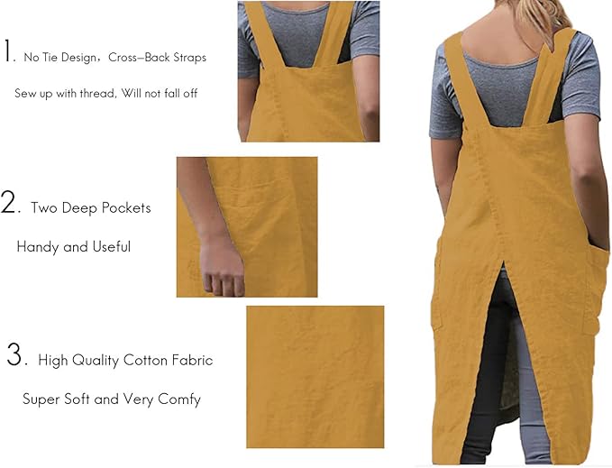 TBA Cotton Linen Apron Cross Back Apron for Women with Big Pockets Square Pinafore Dress for Baking Cooking BBQ & Grill
