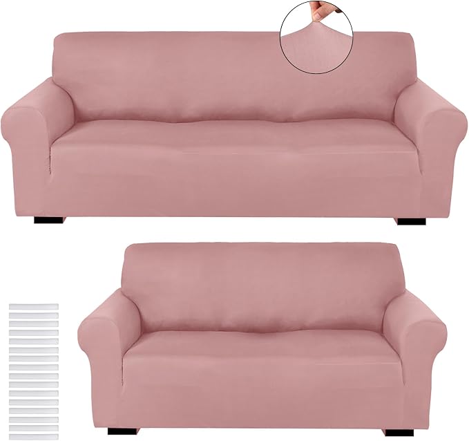 Peryiter 2 Pcs Couch and Loveseat Sofa Covers,Light Pink,Milk Silk | Armchair Covers for Living Room, Sofa Cushion Slipcover 2/3 Seater, Furniture Protector, Polyester and Spandex, Washable