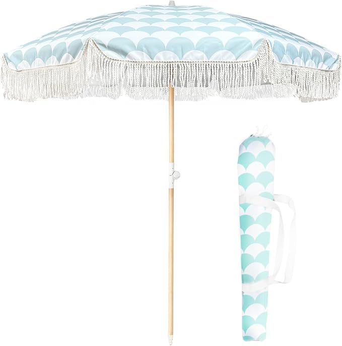 Lefedrasticity Boho Outdoor Umbrella with Tassels,6ft Table Umbrella Outdoor Patio with Knobs Tilt,Wind Resistant Portable Beach Umbrella UPF50+ Fringe Umbrellas For Pool Backyard Deck Garden