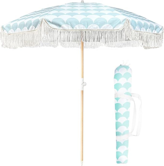 Lefedrasticity Boho Outdoor Umbrella with Tassels,6ft Table Umbrella Outdoor Patio with Knobs Tilt,Wind Resistant Portable Beach Umbrella UPF50+ Fringe Umbrellas For Pool Backyard Deck Garden